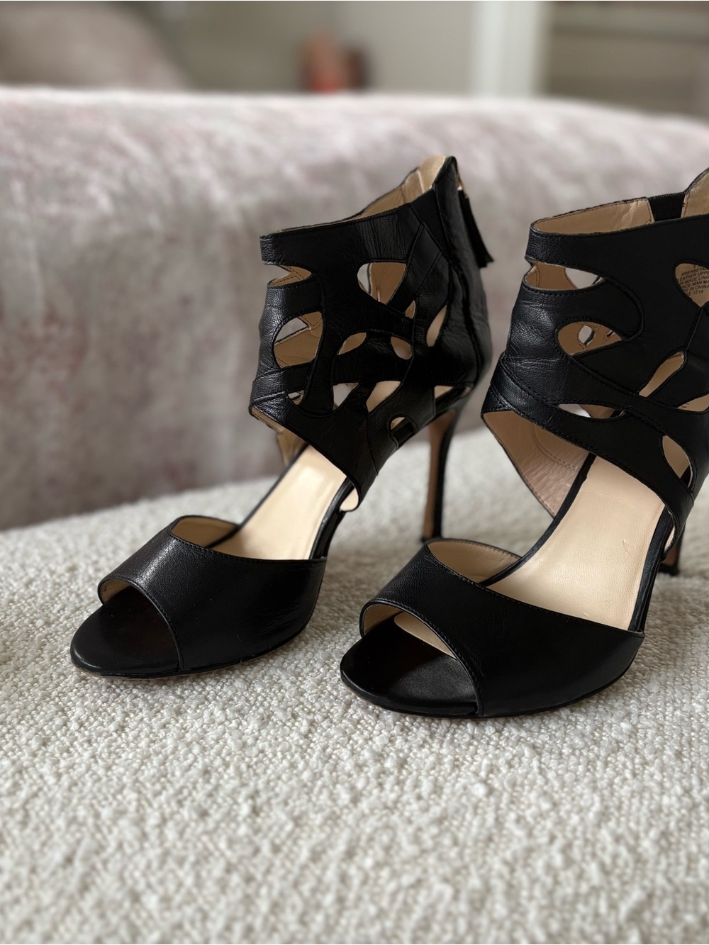 Nine West Black Leather Cutout Peep-Toe High Heels